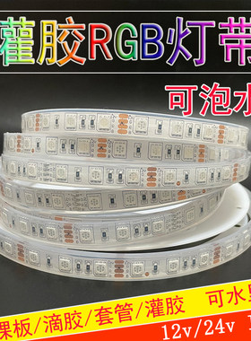 12VRGB可泡水变色水底七彩led灯带条5050高亮可调亮度24v鱼缸水池