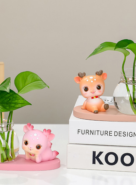 可爱治愈小鹿公仔花瓶客厅插花小摆件透明玻璃瓶绿萝水培桌面摆件