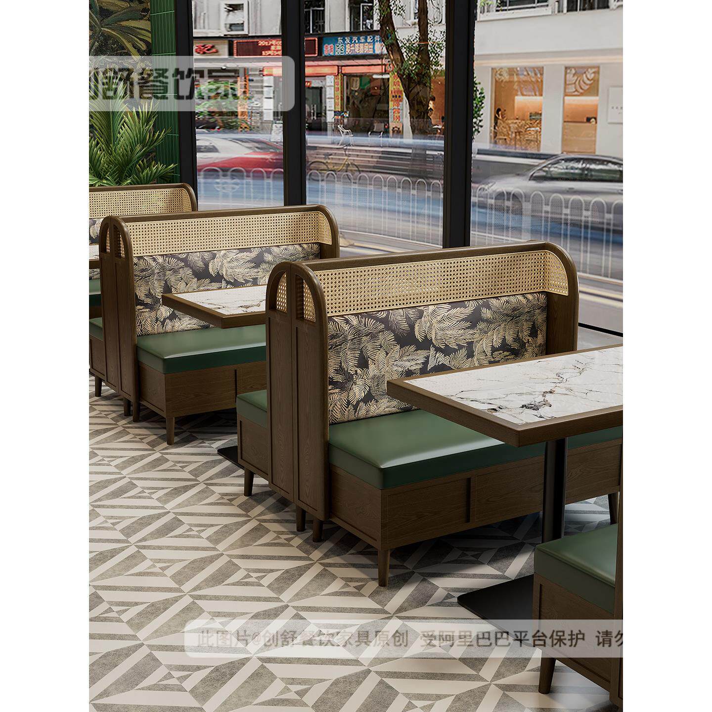 东南亚风茶餐厅实木藤编卡座沙发商用靠墙咖啡厅西餐厅桌椅定制