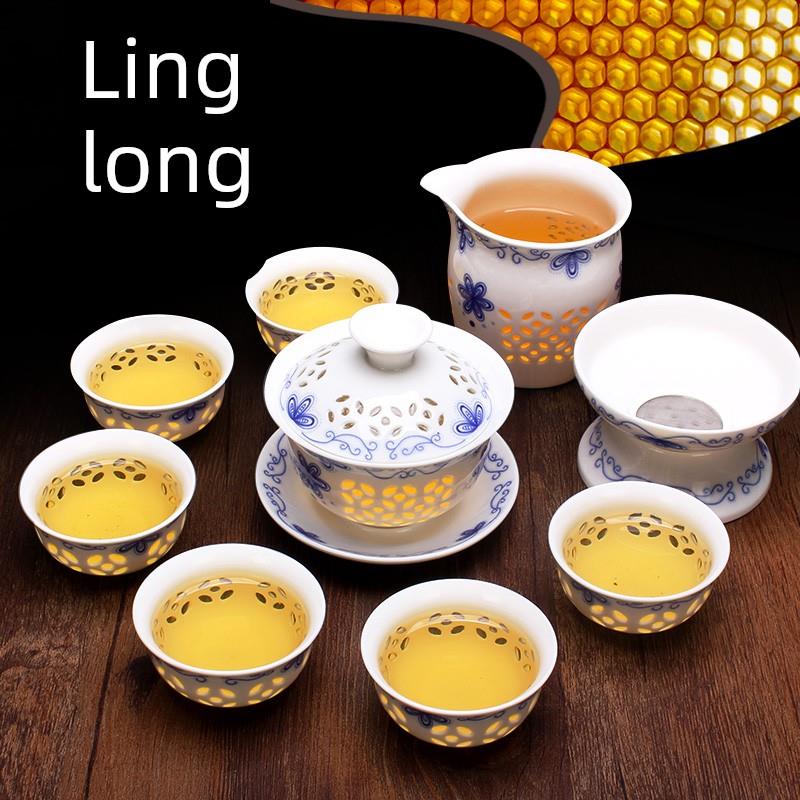青花瓷玲珑茶具套装蜂窝镂空陶瓷整套功夫茶具茶壶茶杯盖碗茶洗