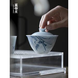 万物笙丨晴山蓝莺歌燕舞高白瓷盖碗手绘花鸟陶瓷泡茶碗功夫茶具