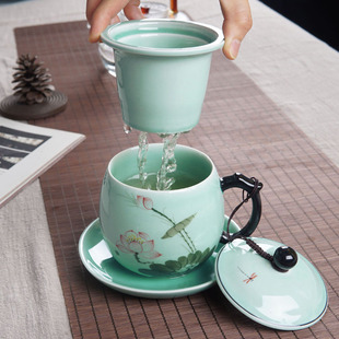 青瓷手绘仿古水杯带把茶漏陶瓷茶水分离过滤大号办公室男泡茶杯子