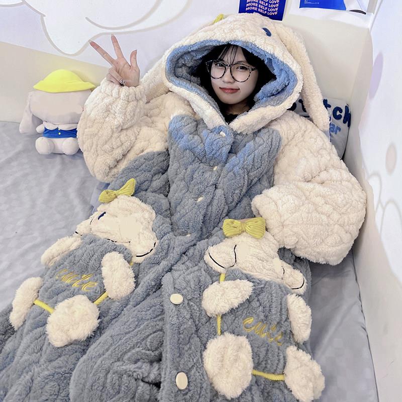 珊瑚绒加厚睡衣女款 三层夹棉家居服 秋冬季长袖睡袍 慕狸品牌可