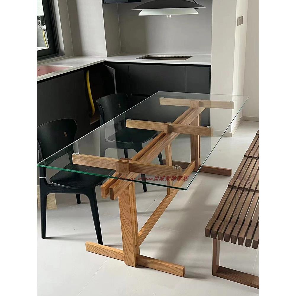 长方形餐桌钢化玻璃长桌实木办公桌原木家用极简书桌泡茶桌茶台