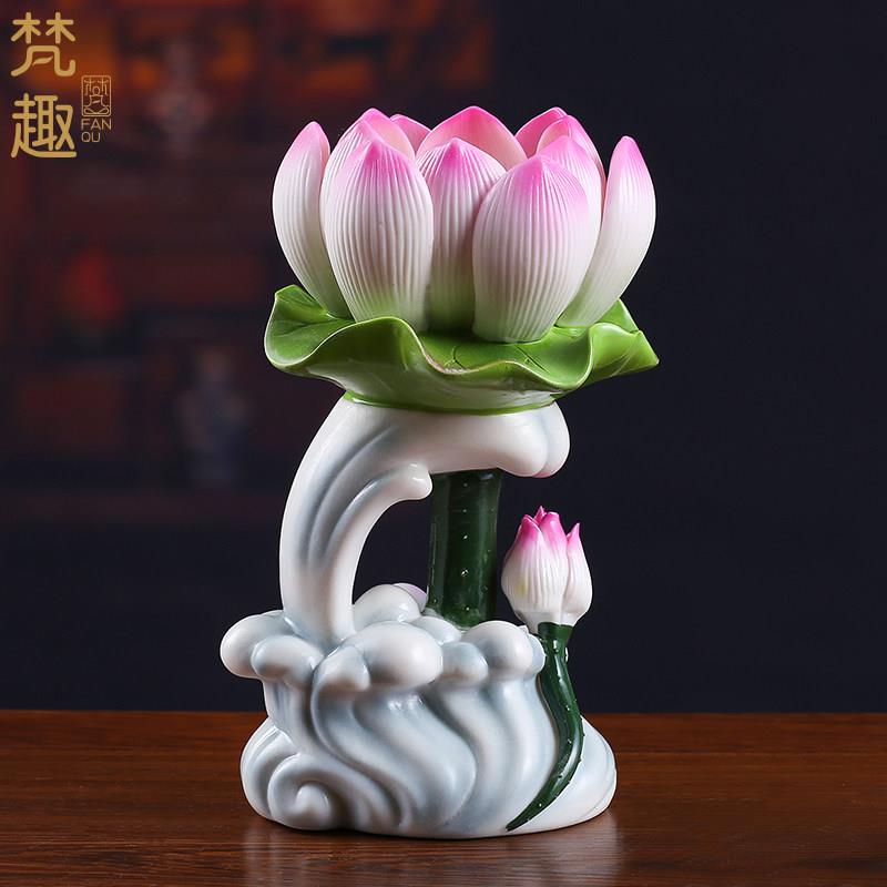 梵趣水浪莲花烛台灯陶瓷蜡烛灯座家用烛台佛前供奉陶瓷莲花灯烛台