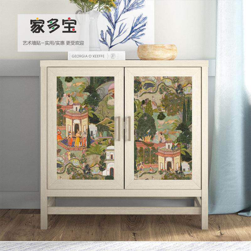 旧家具翻新贴纸斋浦尔花园图案自粘复古壁纸防水防潮遮丑衣柜美化