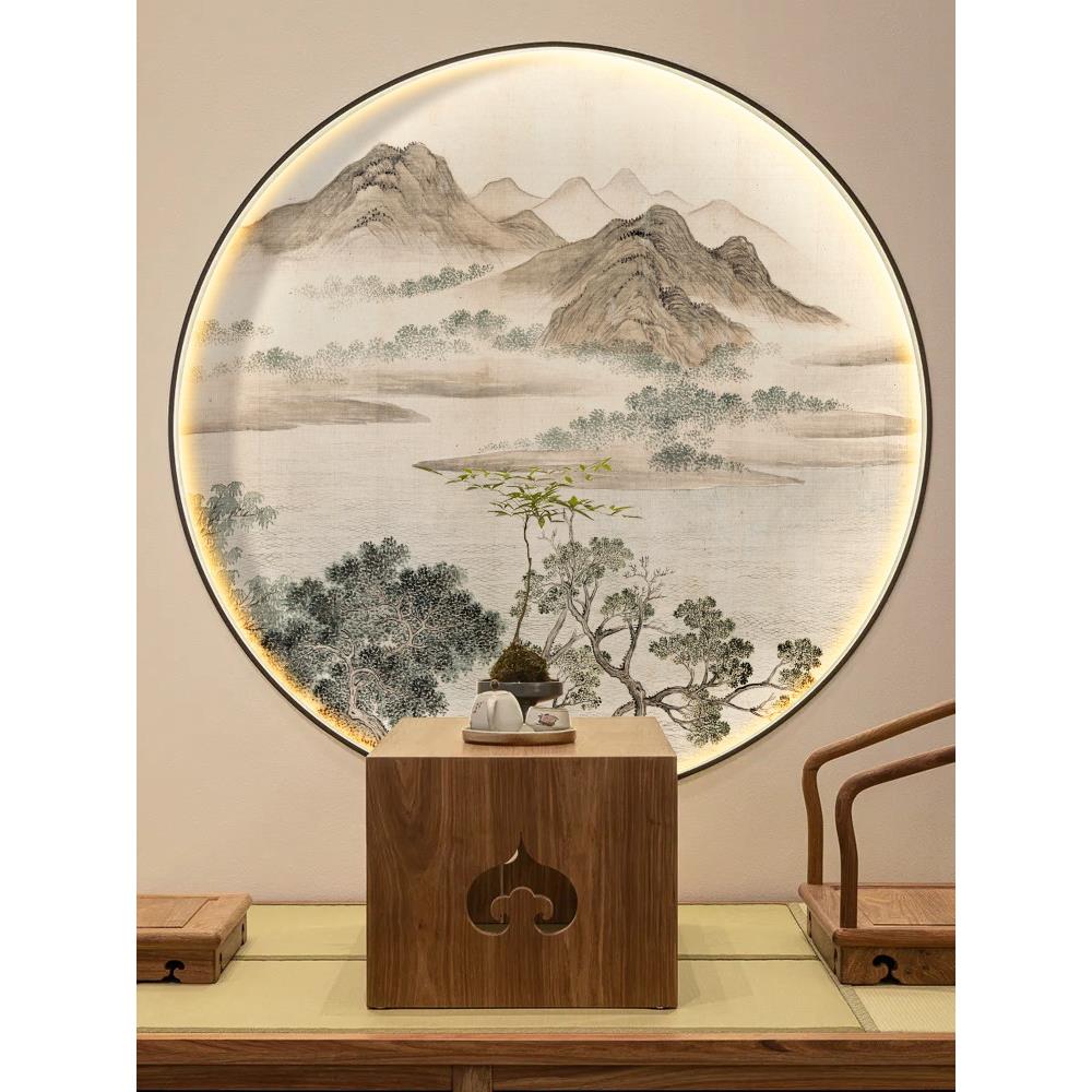 宋式美学客厅背景墙装饰壁纸自粘圆形玄关装壁画国画茶室山水墙纸