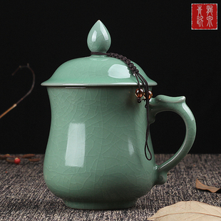 龙泉青瓷茶杯带盖办公室会议个人泡茶杯陶瓷哥窑冰裂水杯喝茶杯子