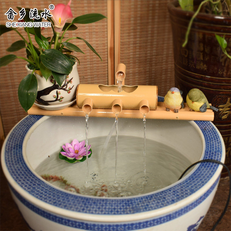 竹流水喷泉陶瓷鱼缸石槽过滤增氧循环竹筒摆件 PVC塑料竹子流水器