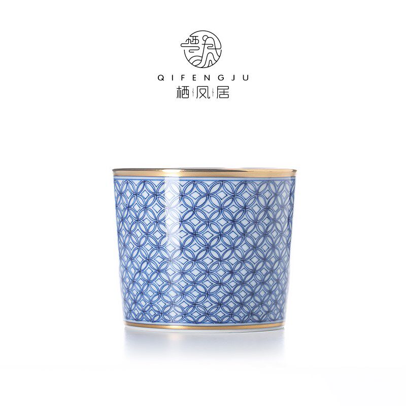 栖凤居青花手绘钱币纹描金茶杯75ml喝茶用品茗杯陶瓷小茶杯单杯