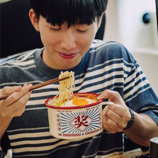 树可复古奖字泡面杯家用单个带盖泡面碗创意面碗手把碗大号搪瓷碗