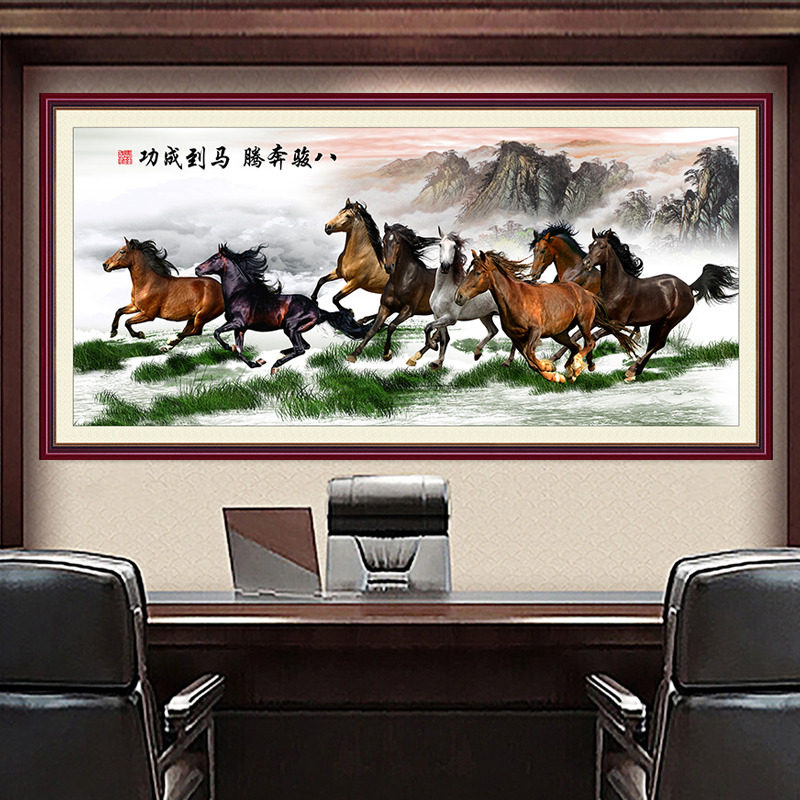 马到成功客厅装饰画办公室沙发背景墙壁布壁画2022新款自粘八骏图