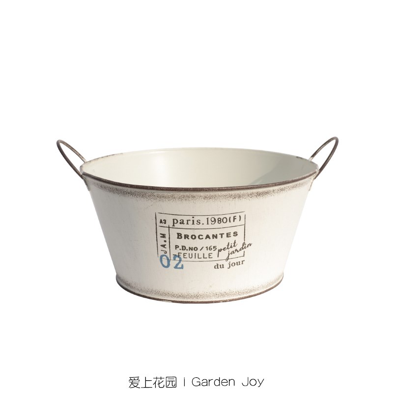 爱上花园 铁艺做旧铁皮花盆花盒 02双耳圆口收底矮盆