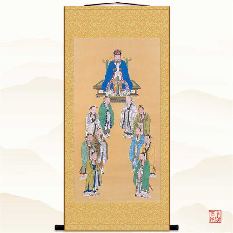 明清古画版 孔子十弟子图人物画像 复古书房装饰画 绢布卷轴挂画
