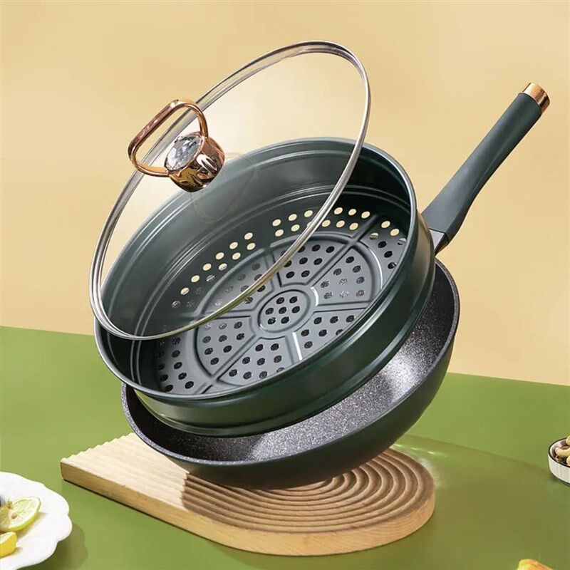 家用麦饭石女王不粘锅多功能轻油烟煎炒蒸煮炸煤燃气电磁炉通用