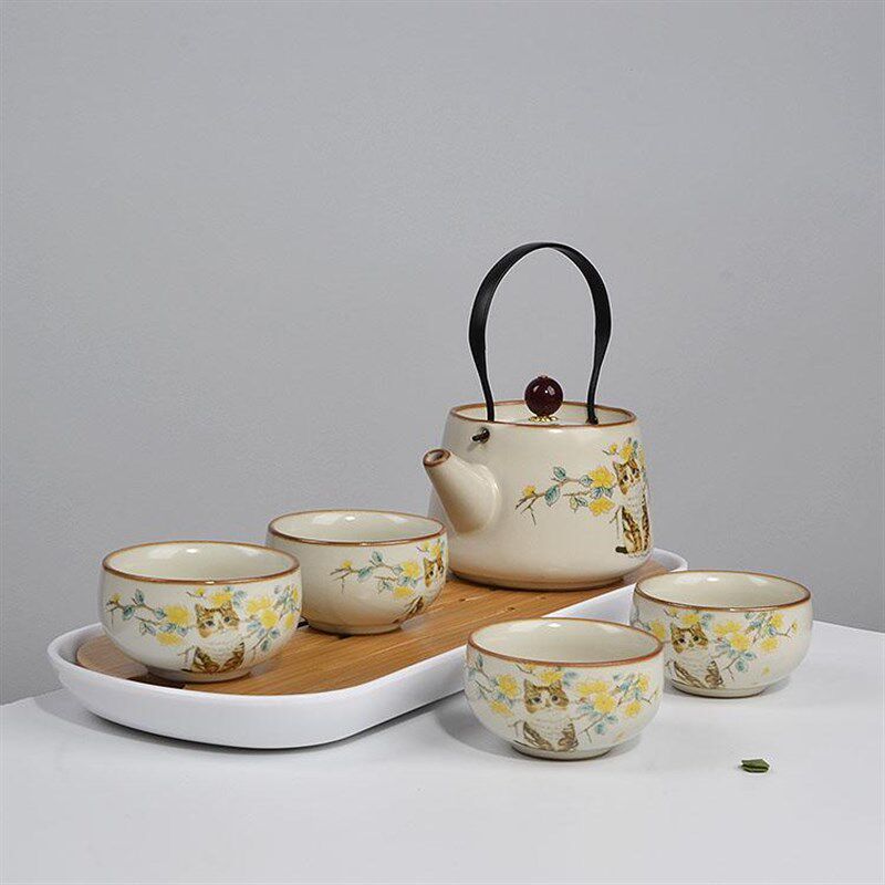 汝窑可爱猫一壶两杯功夫茶具小套装陶瓷茶壶茶盘一两人喝茶泡茶器