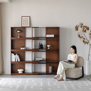 润家家居中古风客厅书架可自由调节落地家用陈列柜实木组合书柜子