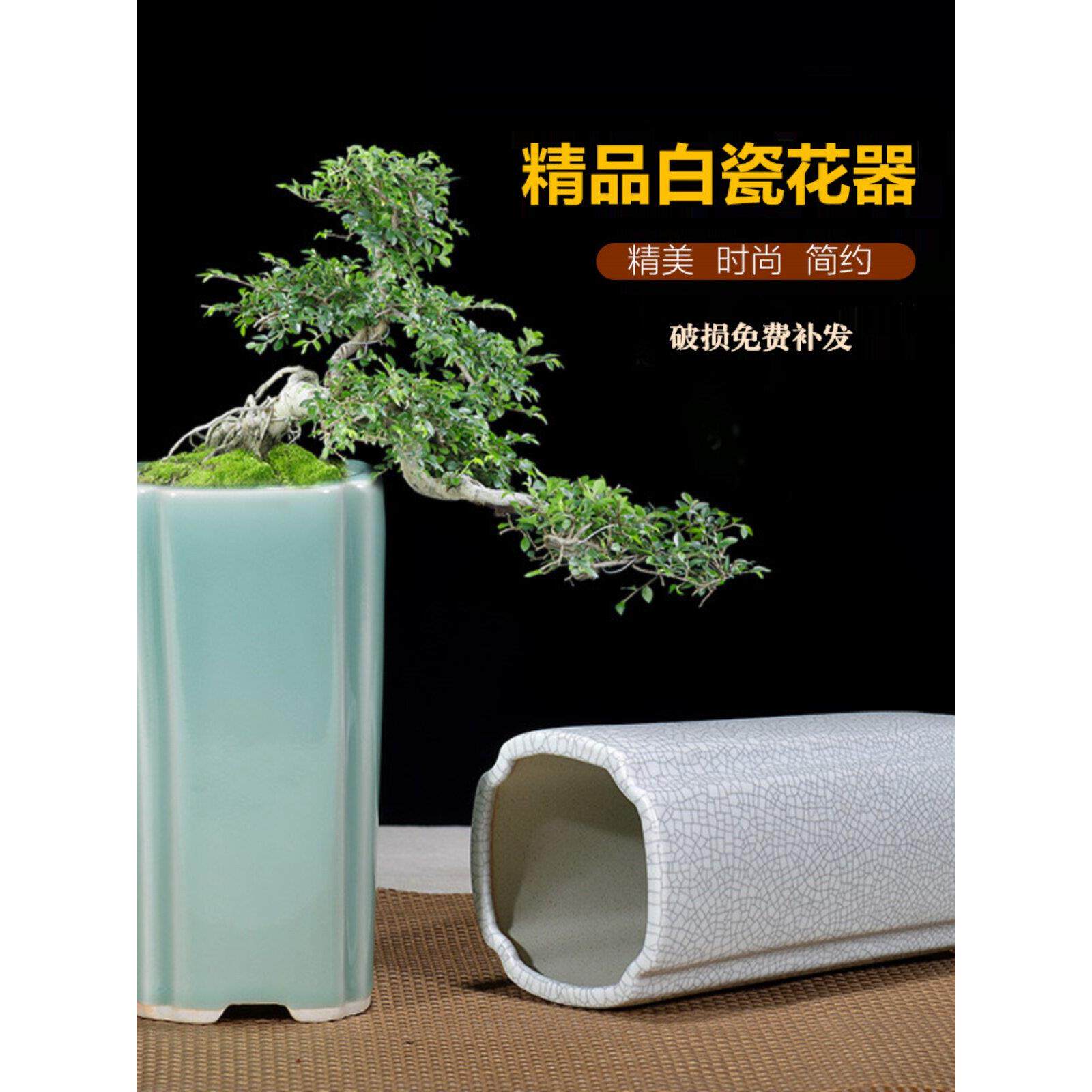 紫砂花盆青瓷釉兰花盆高盆多肉盆栽四方六方形签筒悬崖盆景盆白色