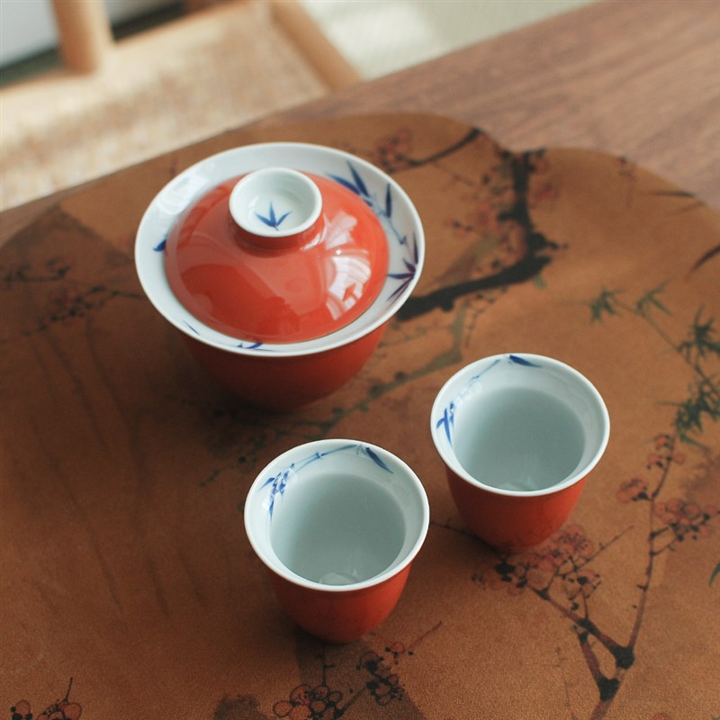 喜悦茶铺/柿子红陶瓷品茗杯手绘青花瓷盖碗工夫茶具泡茶碗 有风