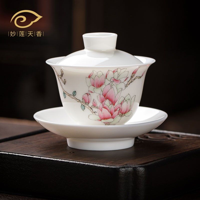 妙莲天香庄晓明老师手绘芝兰玉树三才盖碗高端羊脂玉瓷茶具泡茶碗