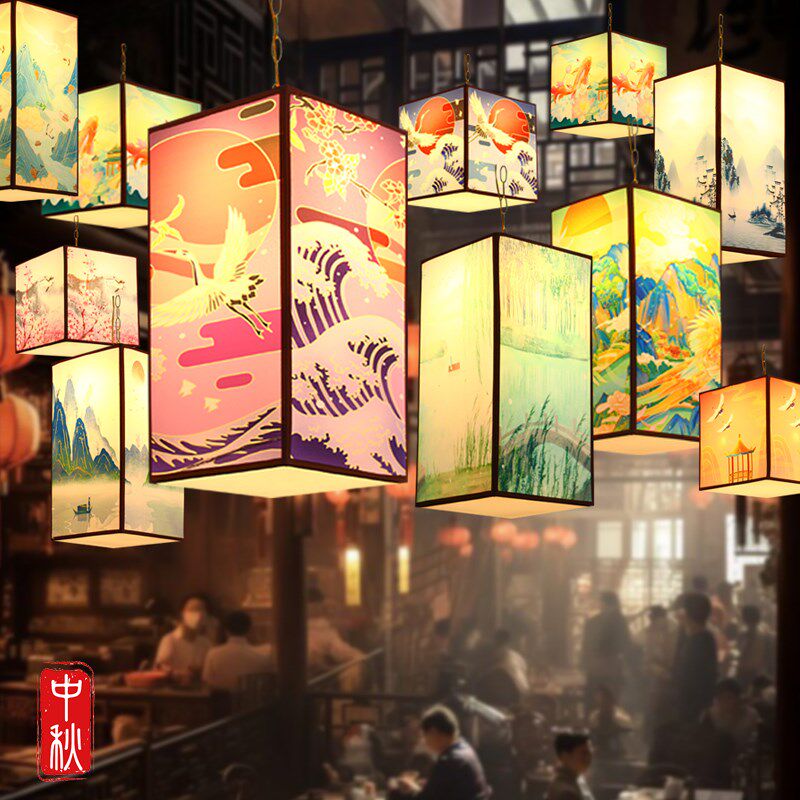 2024新款中秋古风灯笼花灯装饰发光灯笼古韵图案吊灯方形室外室内