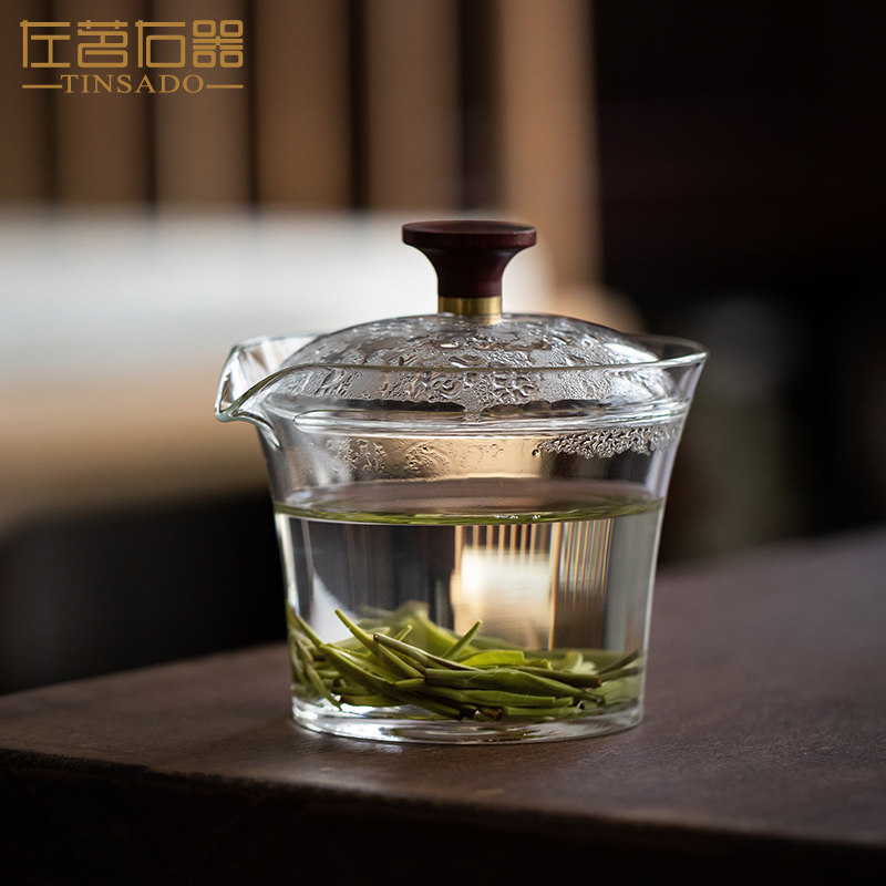 左茗右器玻璃盖碗泡茶杯日式透明手抓壶耐热不烫手单个带盖茶盏杯