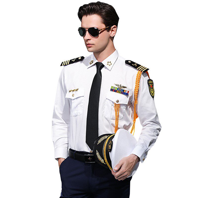 男船员衬衫海员衬衣演出服白衬衫长袖航空飞行员空少衬衫机师制服