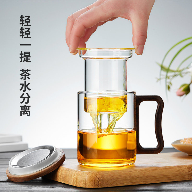 玻璃杯耐高温带把茶水分离个人新款高硼硅带盖喝水家用花茶泡茶杯