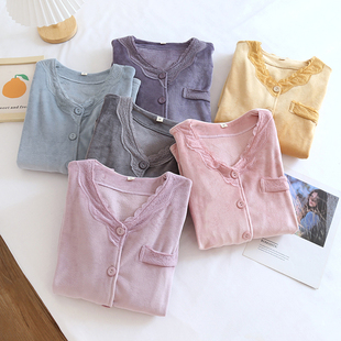 海岛绒睡衣女单件上衣秋冬季 家居服 珊瑚绒无领薄绒加厚法兰绒长袖