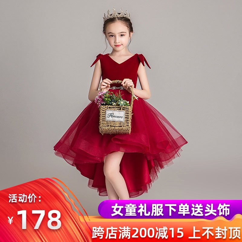 女童模特走秀礼服公主裙前短后长红色小女孩主持人儿童钢琴演出服