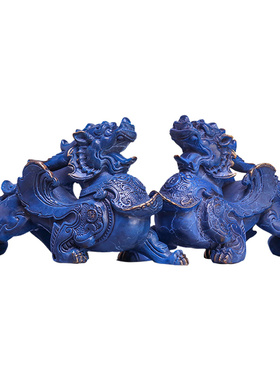 貔貅摆件黄纯铜皮丘飞天狮头平安一对公母招財貔貅办公室玄关装饰