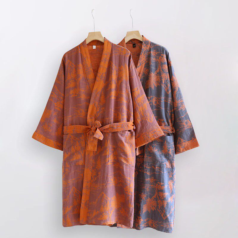 全棉色织提花睡袍和服浴袍女款男春秋夏季纯棉纱布薄款家居服睡衣