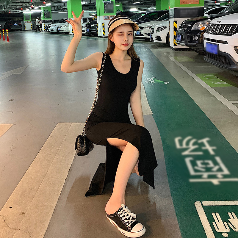 黑色打底连衣裙吊带背心长裙女修身显瘦小黑裙侧开叉中长裙子气质