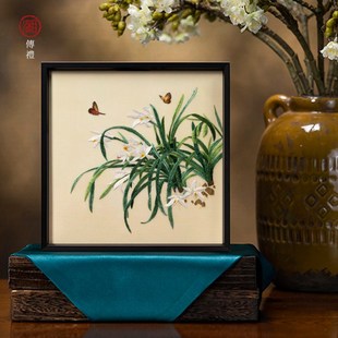 湘传礼湘绣新中式铝合金黑框架无玻璃纯手工双面绣立体展示小挂画