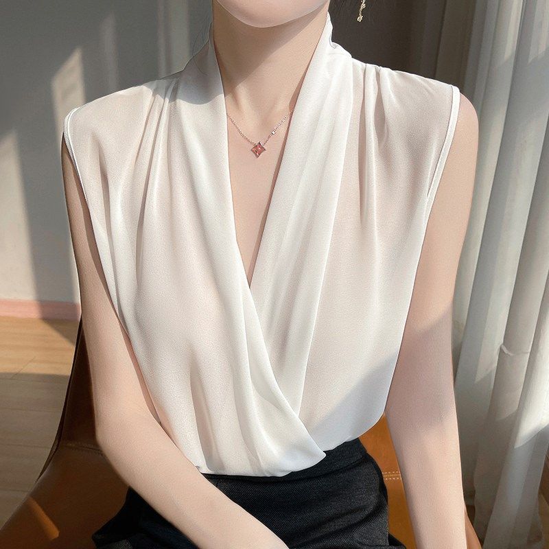 春夏乔其纱缎面交叉V领无袖背心女短袖T恤宽松内搭吊带打底衫上衣