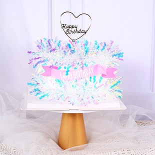 炫彩雨丝蛋糕装饰插件流苏亮片镭射花束彩丝条韩式生日烘焙插牌