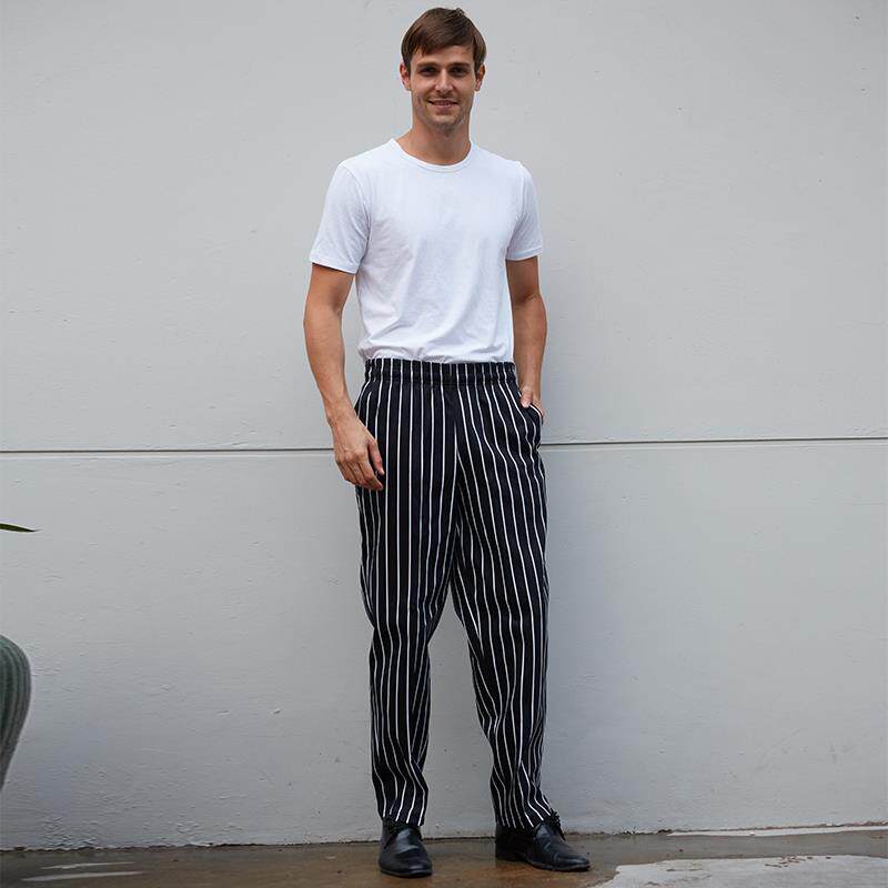 厨师工作裤时尚条纹厨师裤厨房餐厅酒店工作服男士秋冬黑白条工裤