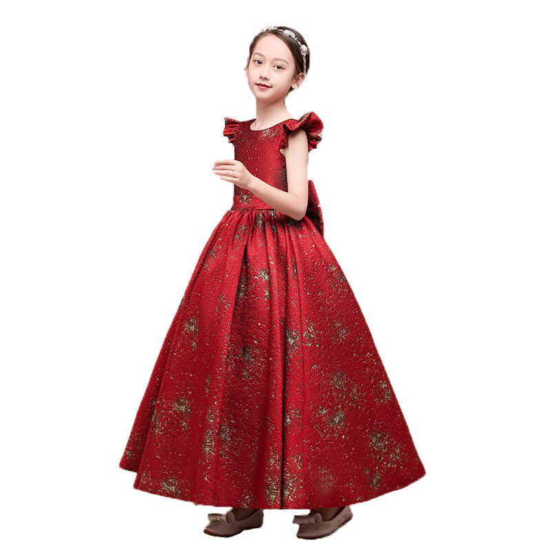 女童钢琴表演出礼服裙高贵红色儿童主持晚礼服小女孩公主裙演出服