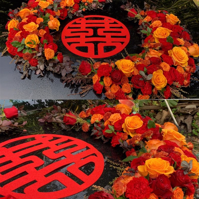 婚车装饰车头花婚车吸盘中国风花车带泥婚车花泥吸盘式月亮网红