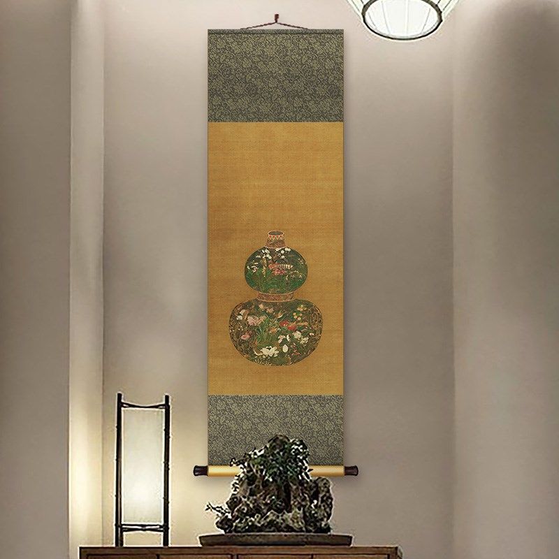 元代陈琳葫芦花瓶图中式客厅书房复古卷轴挂画茶室餐厅过道装饰画
