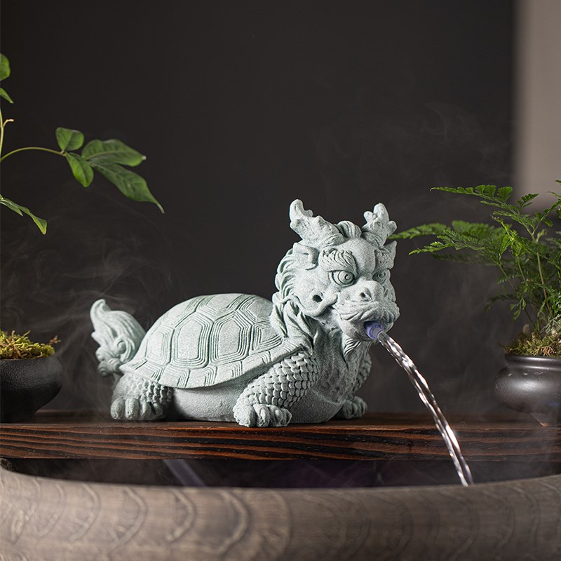 新中式瑞兽招财麒麟流水配件古法养鱼缸上水循环摆件创意龙龟造景