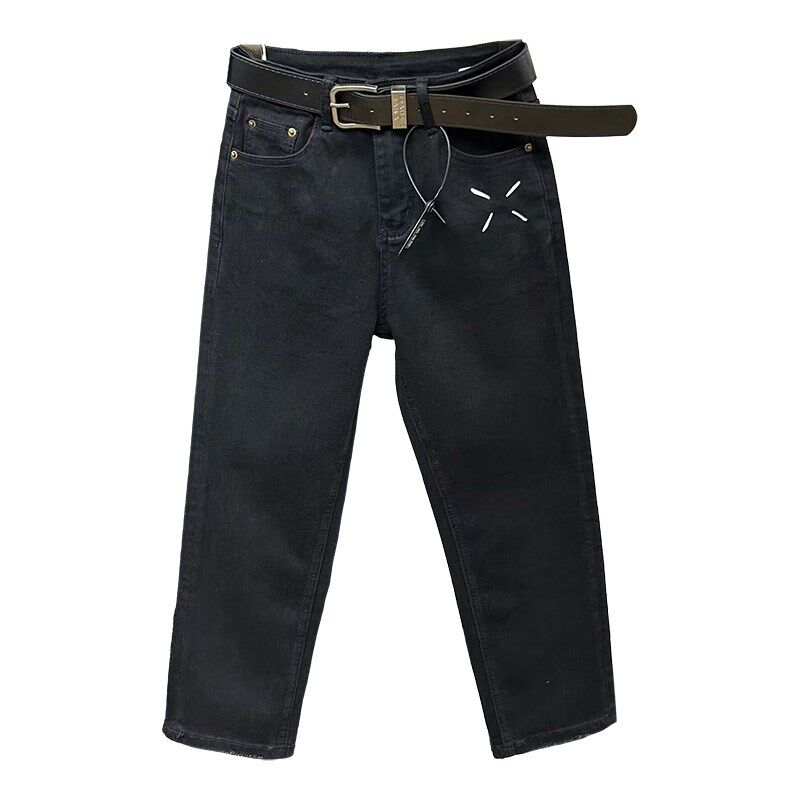 小个子黑色烟管裤女中高腰弹力牛仔裤2025春季新款八九分直筒裤子