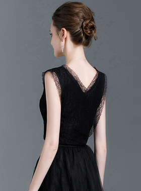 黑色蕾丝上衣女2021年新款背心女夏外穿打底无袖修身v领洋气小衫