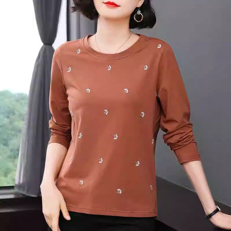 纯棉长袖T恤女妈妈春秋装2024新款秋衣外穿时尚上衣中老年打底衫
