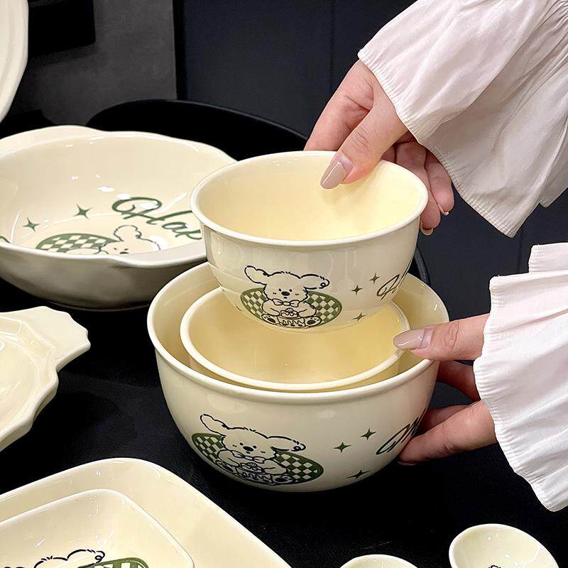 奶油风碗碟套装家用2024新款动物卡通可爱高颜值饭碗碗筷碗盘餐具