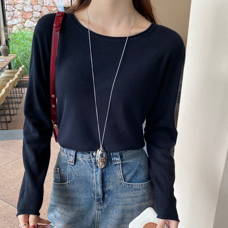 白色长袖针织衫女内搭2024年新款薄款毛衣高级感宽松圆领打底上衣