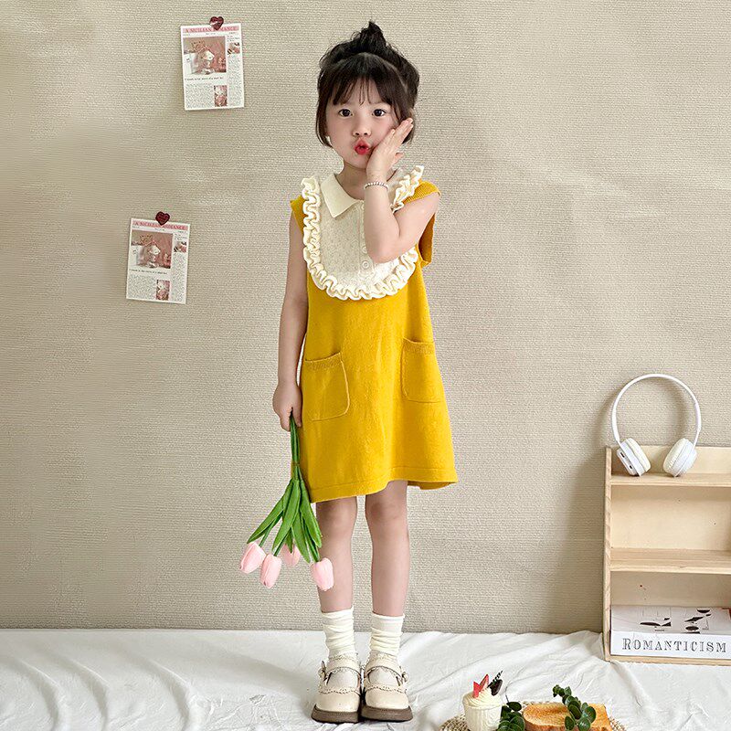 小蜜糖童装女童浪漫甜心荷叶边针织镂空背心裙夏季宝宝连衣裙儿童