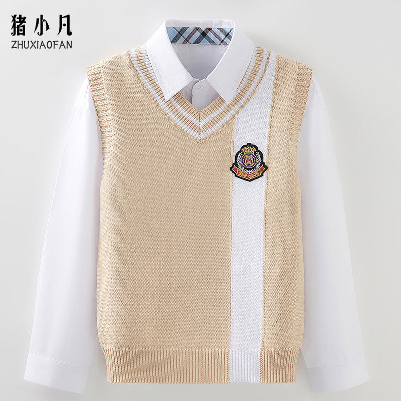 男童毛衣马甲2023春秋新款儿童中大童纯棉秋冬衬衫针织背心两件套