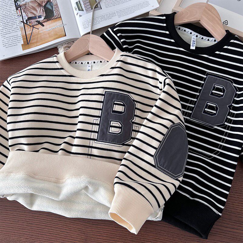 秋冬季男童加绒圆领卫衣中大童加厚条纹打底衫儿童保暖套头衫洋气