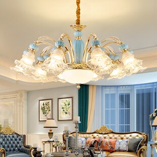 2023年灯头朝下水晶吊灯欧式客厅灯陶瓷餐厅灯具大气家用卧室灯饰